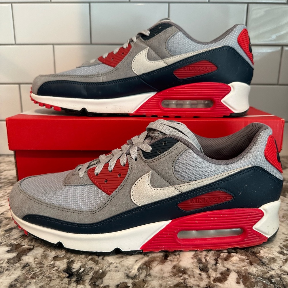 Nike Air Max 90 Gray, Red, and Dark Blue Sneakers